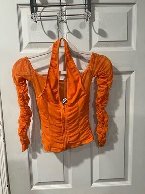 Orange Ruched Long-Sleeve Halter Top - Women